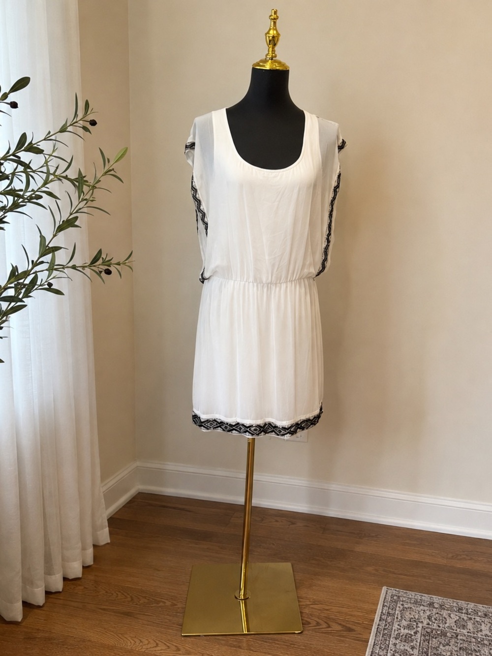 GUESS White Dress with Black and Silver Beaded Trim